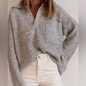 Gray Beige Oversized Ribbed Knit Sweater